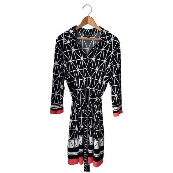 Lane Bryant B+W Geometric 3/4 Sleeve Tie Waist Button Midi Dress - Picture 1 of 6